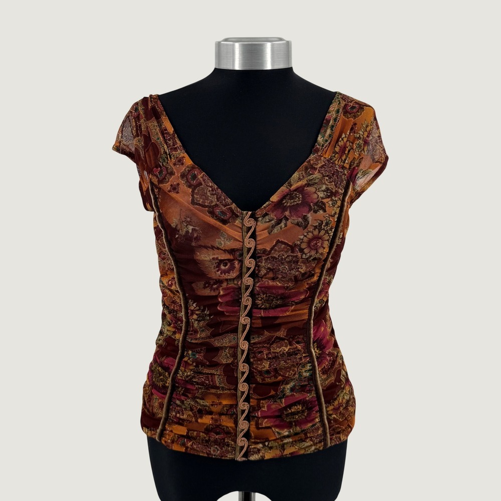 Vintage Kay Celine Paisley Mesh Ruched Top Earth Tone Velvet Womens Medium Boho